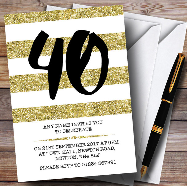 Glitter Gold & White Striped 40th Customised Birthday Party Invitations