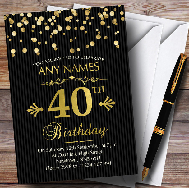 Gold Confetti Black Striped 40th Customised Birthday Party Invitations