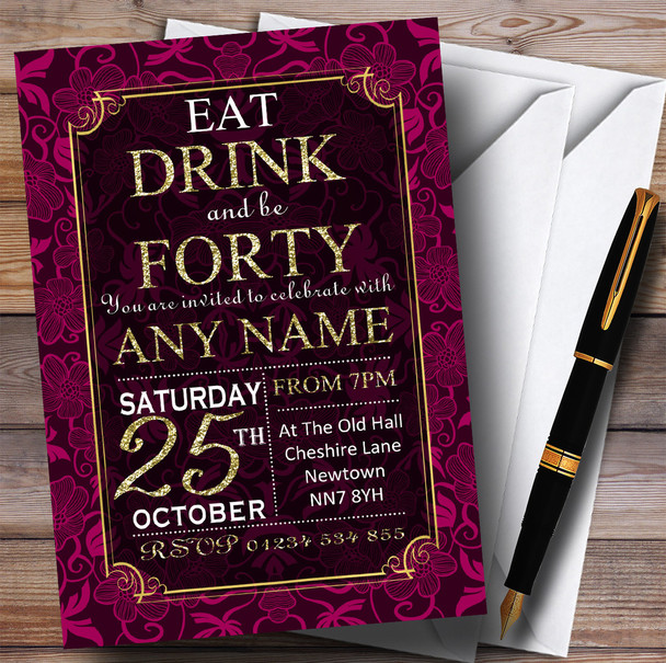 Pink & Gold Flowers 40th Customised Birthday Party Invitations
