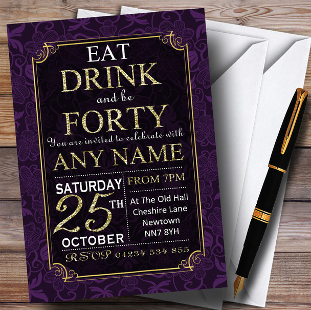 Purple & Gold Flowers 40th Customised Birthday Party Invitations