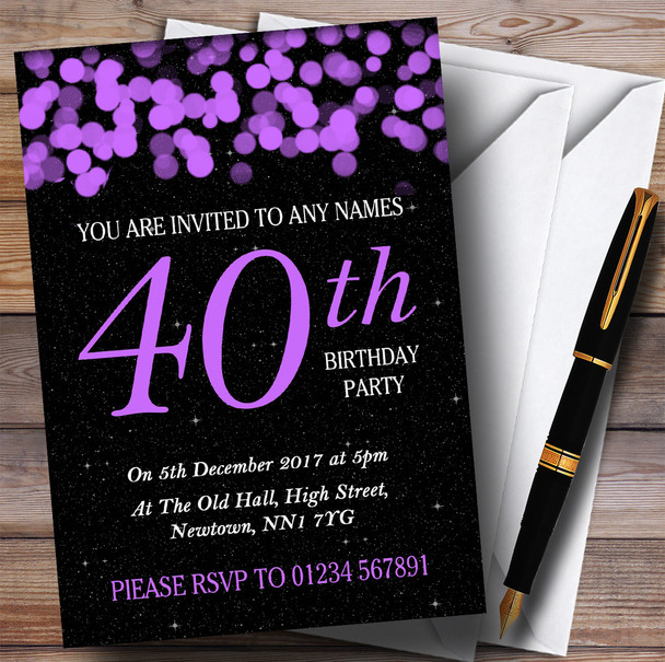 Purple Bokeh & Stars 40th Customised Birthday Party Invitations