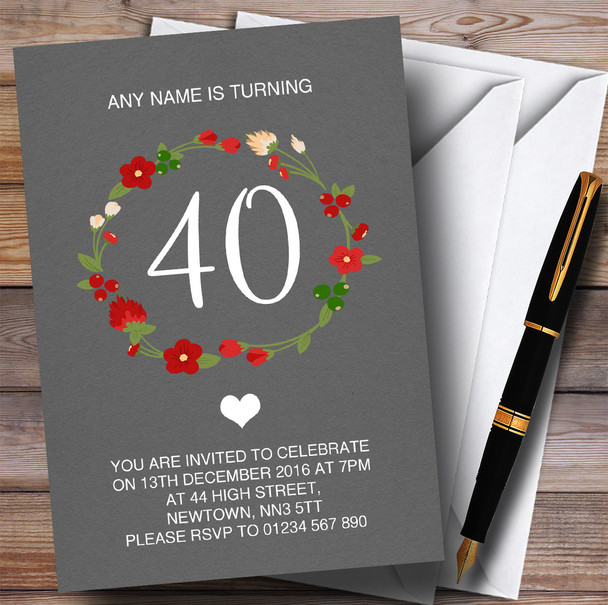 Red Floral Wreath Grey Rustic 40th Customised Birthday Party Invitations