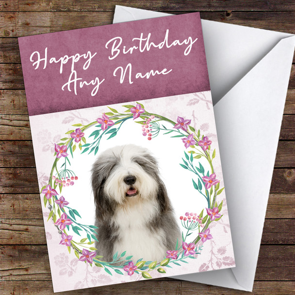 Old English Sheepdog Dog Pink Floral Animal Customised Birthday Card