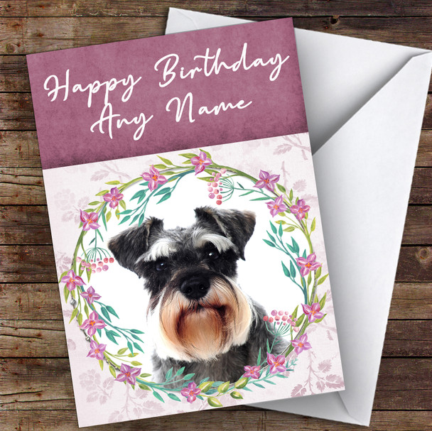 Miniature Schnauzer Dog Pink Floral Animal Customised Birthday Card