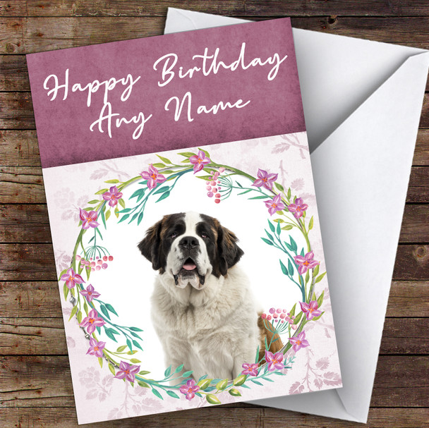 Saint Bernard Dog Pink Floral Animal Customised Birthday Card