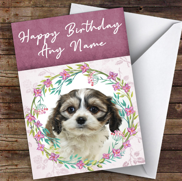 Cavachon Dog Pink Floral Animal Customised Birthday Card