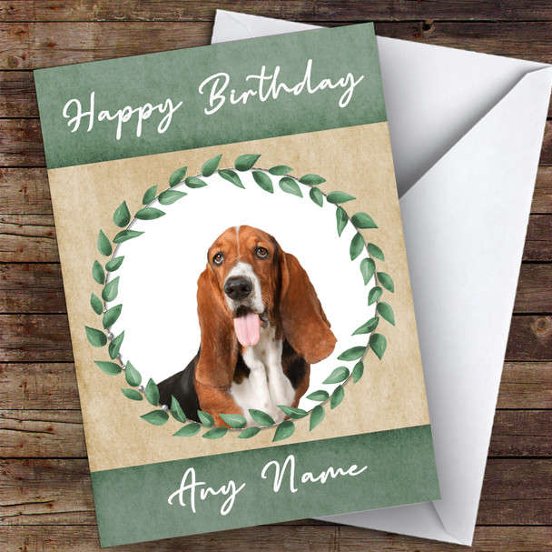 Basset Hound Dog Green Animal Customised Birthday Card