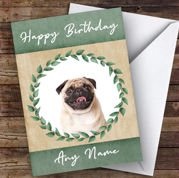 Pug Dog Green Animal Customised Birthday Card