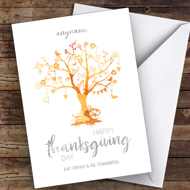 Beautiful Tree Eat Drink Thankful Orange Customised Happy Thanksgiving Card