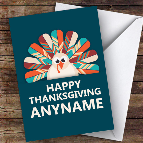 Teal Autumn Turkey Customised Happy Thanksgiving Card