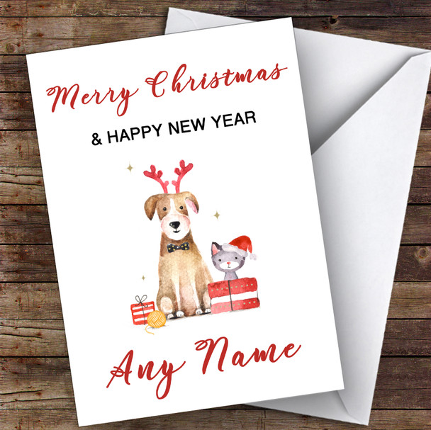 Cute Dog & Cat Watercolour Cute Customised Christmas Card