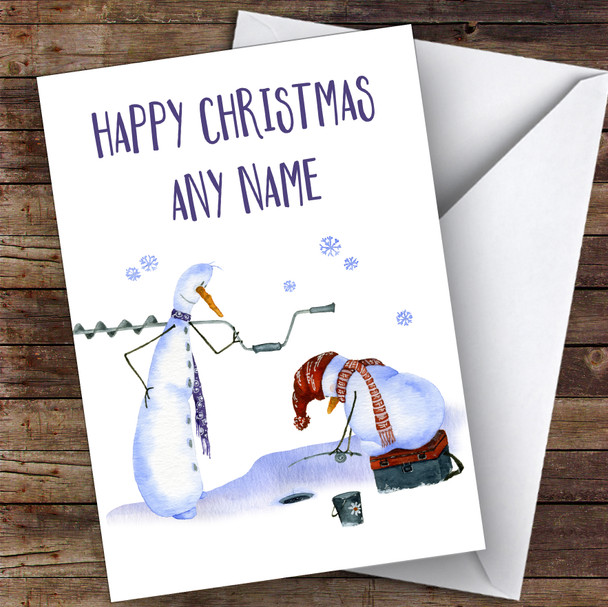 Snowmen Fishing Hobbies Customised Christmas Card