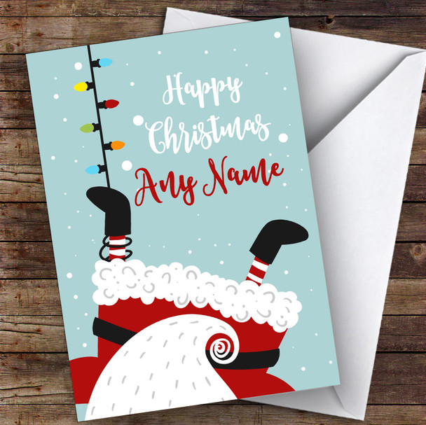 Santa Hanging From Lights Modern Customised Christmas Card