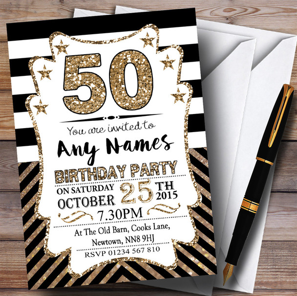 Black & White Bronze Chevrons 50th Customised Birthday Party Invitations