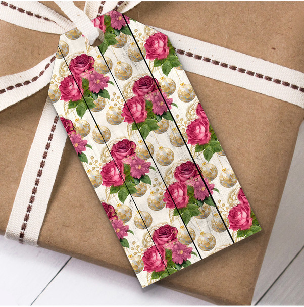 Pink And Gold Flowers And Baubles Christmas Gift Tags