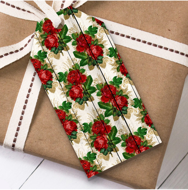 Light Wood Red Roses Gold Christmas Gift Tags