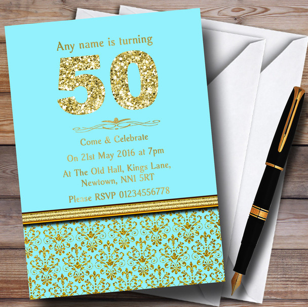 Aqua Sky Blue & Gold Vintage Damask 50Th Customised Birthday Party Invitations