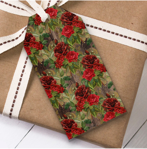 Dark Wood Red Roses Christmas Gift Tags