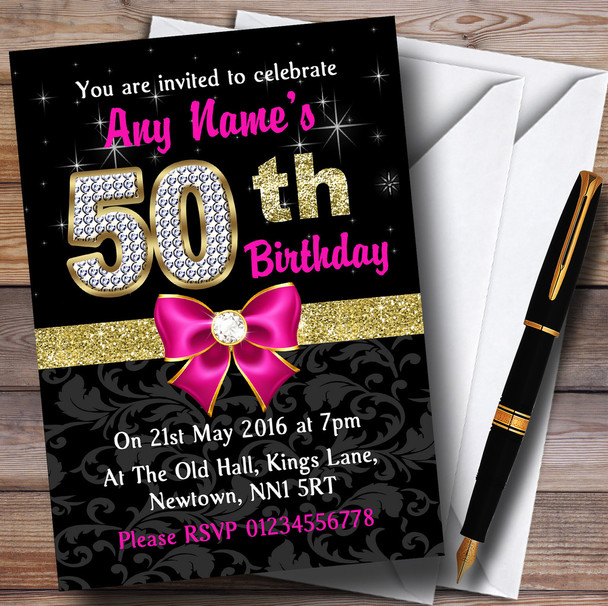 Pink Black Gold Diamond 50Th Birthday Party Customised Invitations