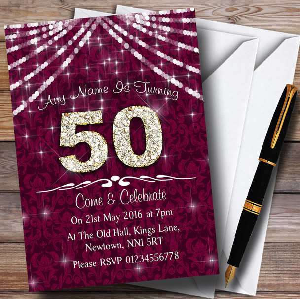50Th Cranberry & White Bling Sparkle Birthday Party Customised Invitations