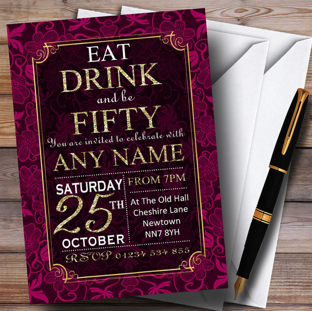 Pink & Gold Flowers 50th Customised Birthday Party Invitations