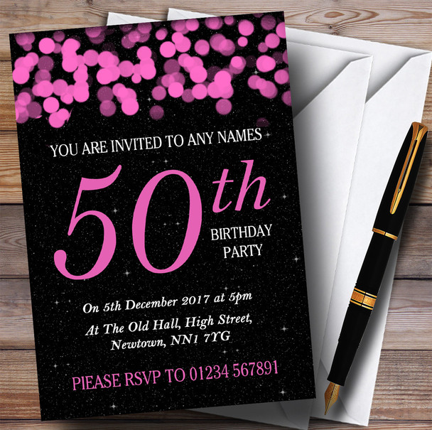 Pink Bokeh & Stars 50th Customised Birthday Party Invitations