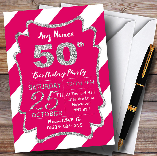 Pink White Diagonal Stripes Silver 50th Customised Birthday Party Invitations