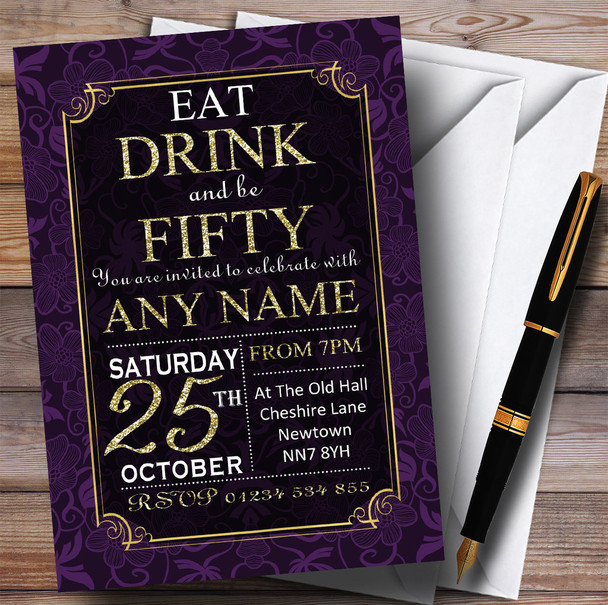 Purple & Gold Flowers 50th Customised Birthday Party Invitations