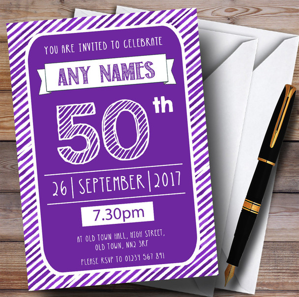 Purple & White Stripy Deco 50th Customised Birthday Party Invitations