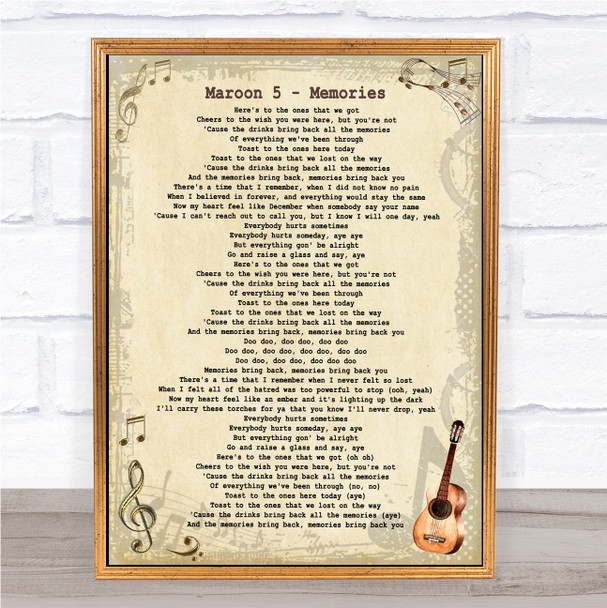 Maroon 5 Memories Vintage Guitar Song Lyric Quote Music Framed Print