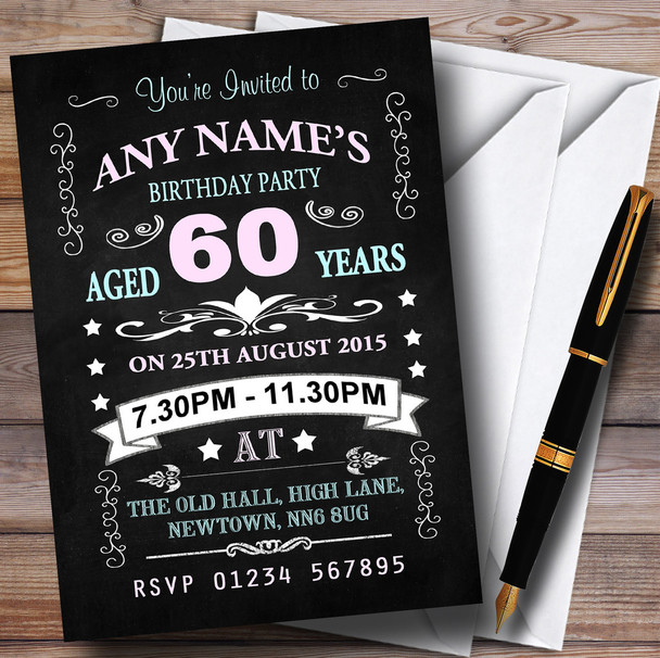 Vintage Chalkboard Style Pink And Blue 60Th Birthday Party Customised Invitations