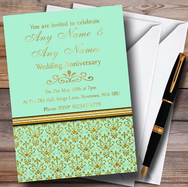 Mint Green & Gold Vintage Damask Customised Anniversary Party Invitations