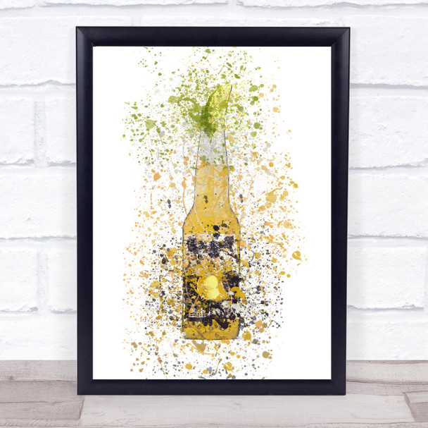 Watercolour Splatter Lager With Lime Bottle Wall Art Print