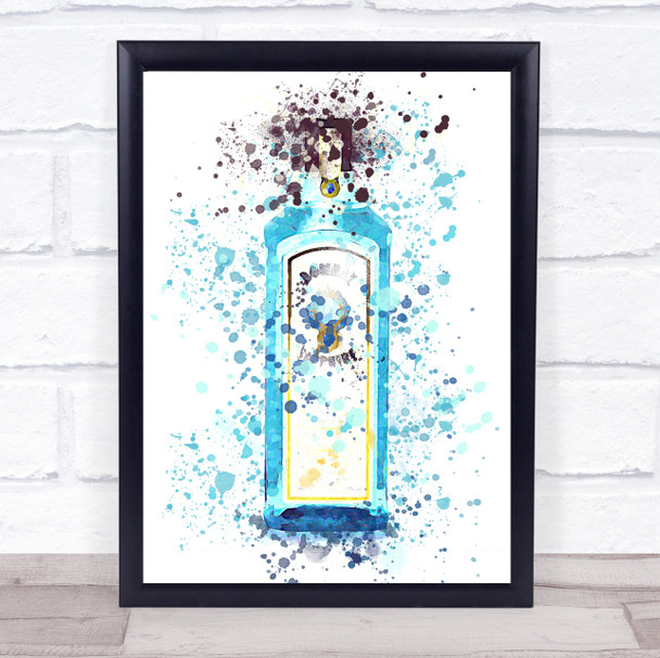 Watercolour Splatter Sapphire Blue Gin Bottle Wall Art Print