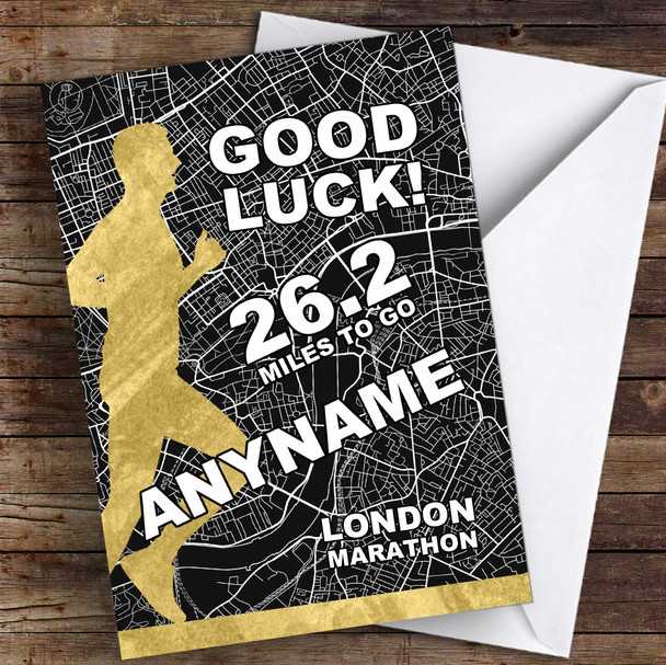 London Marathon Black & Gold Style Male Good Luck Personalised Good Luck Card