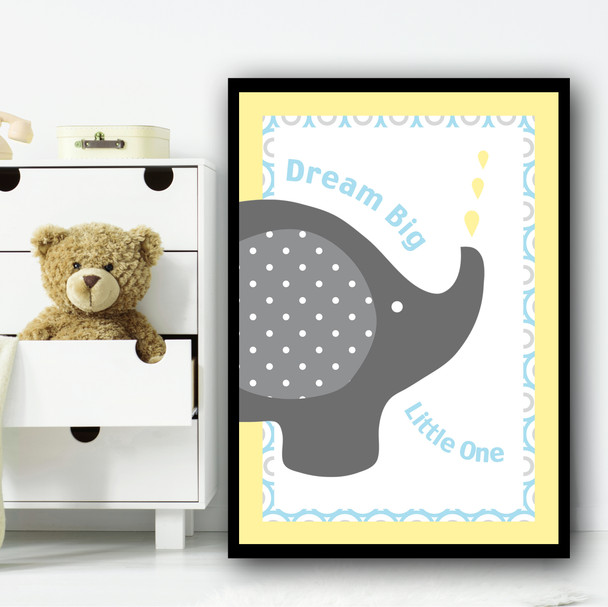 Baby Elephant Dream Big Yellow Blue Children's Nursery Bedroom Wall Art Print