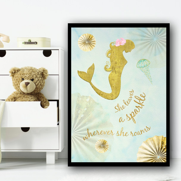 Mermaid Gold Japanese Style Children's Nursery Bedroom Wall Art Print