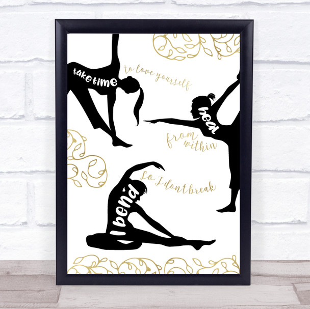 Yoga Quotes Silhouettes & Beautiful Leaves Gold Black White Typogrophy Print