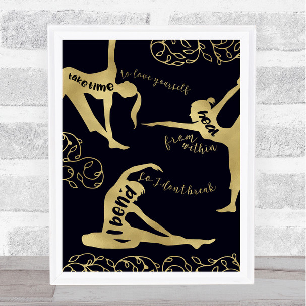 Yoga Quotes Silhouettes & Beautiful Leaves Gold Black Quote Typogrophy Print