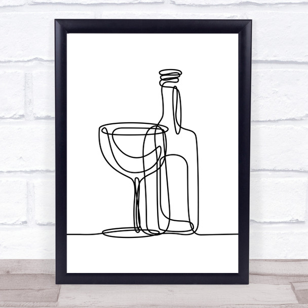 Black & White Line Art Wine Glass And Bottle Decorative Wall Art Print