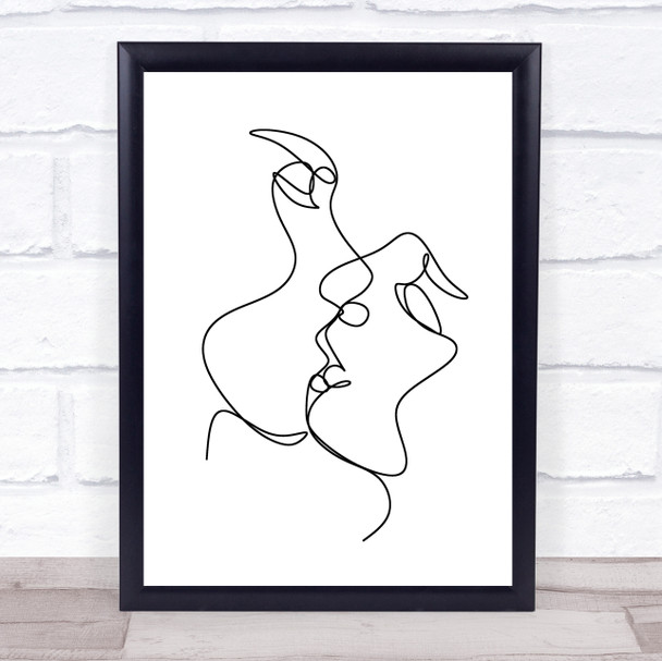 Black & White Line Art Faces Lovers Kissing Decorative Wall Art Print