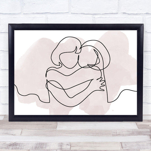 Watercolour Line Art Two Females Embracing Decorative Wall Art Print