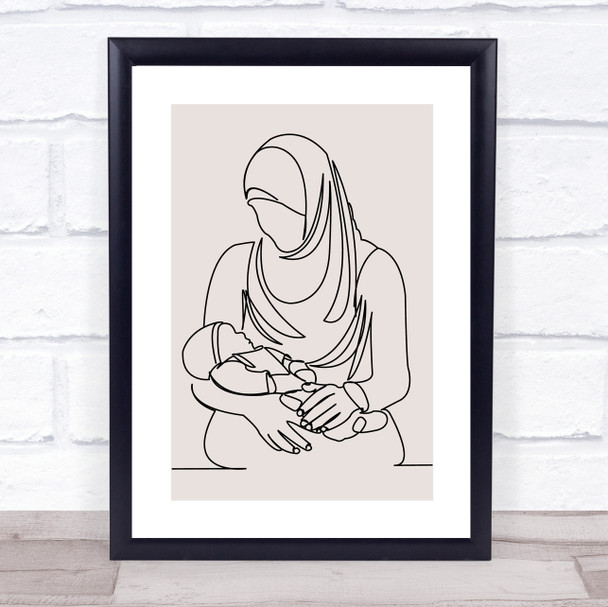 Block Colour Line Art Muslim Mum And Baby Decorative Wall Art Print