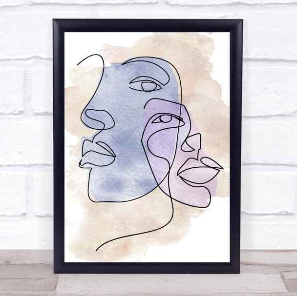 Watercolour Line Art Two Faces Blue Pink Decorative Wall Art Print