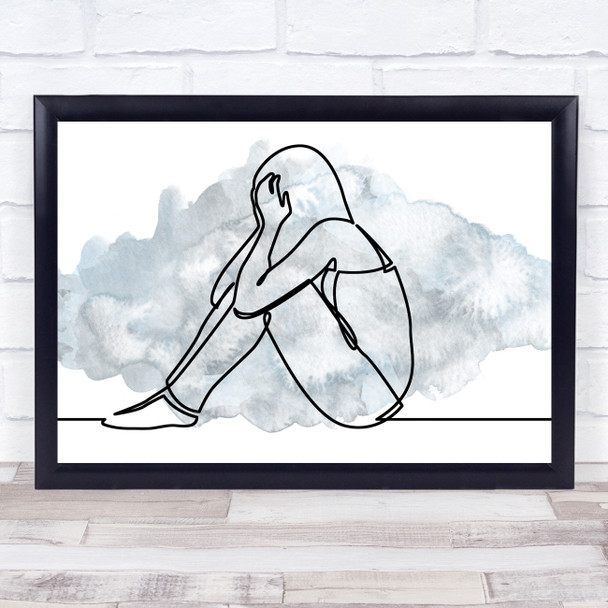 Watercolour Line Art Sad Depressed Lady Decorative Wall Art Print