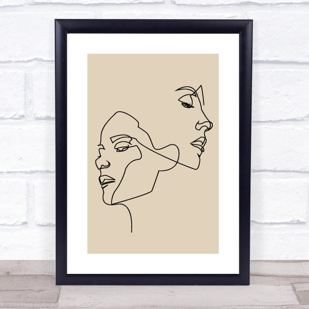 Block Colour Line Art Two Ladies Faces Decorative Wall Art Print