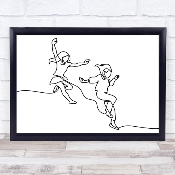 Black & White Line Art Girls Jumping Decorative Wall Art Print