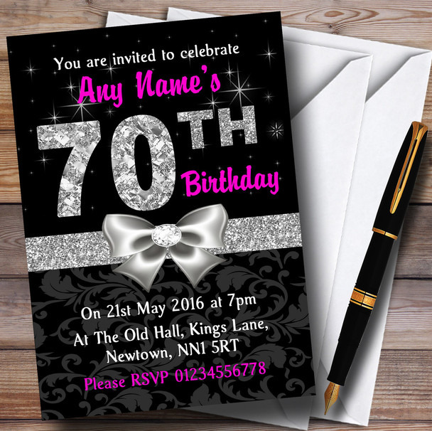 Pink Black Silver Diamond 70Th Birthday Party Customised Invitations