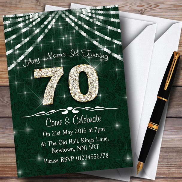 70Th Green & White Bling Sparkle Birthday Party Customised Invitations