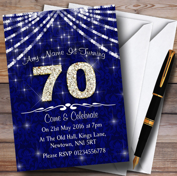 70Th Navy Blue & White Bling Sparkle Birthday Party Customised Invitations
